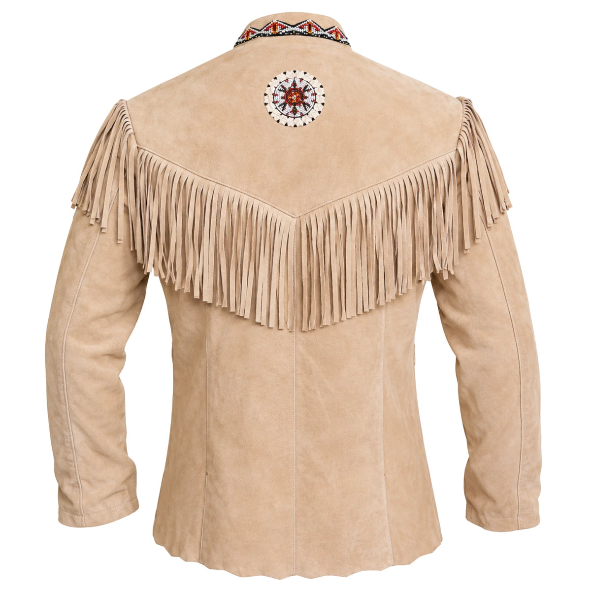 Back view of men’s Western leather coat with long fringe detailing and classic cowboy ranch design