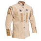 Men’s Western genuine leather coat front view with fringed shoulders, beaded detailing, and cowboy styling