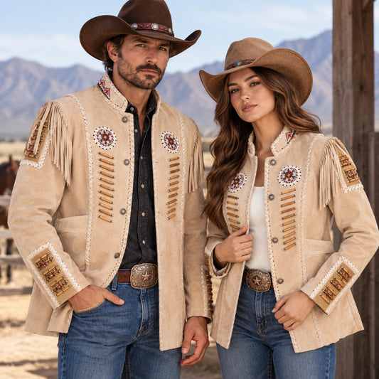 Men’s Western leather coat open front featuring beaded chest details, fringed shoulders, and decorative stitching