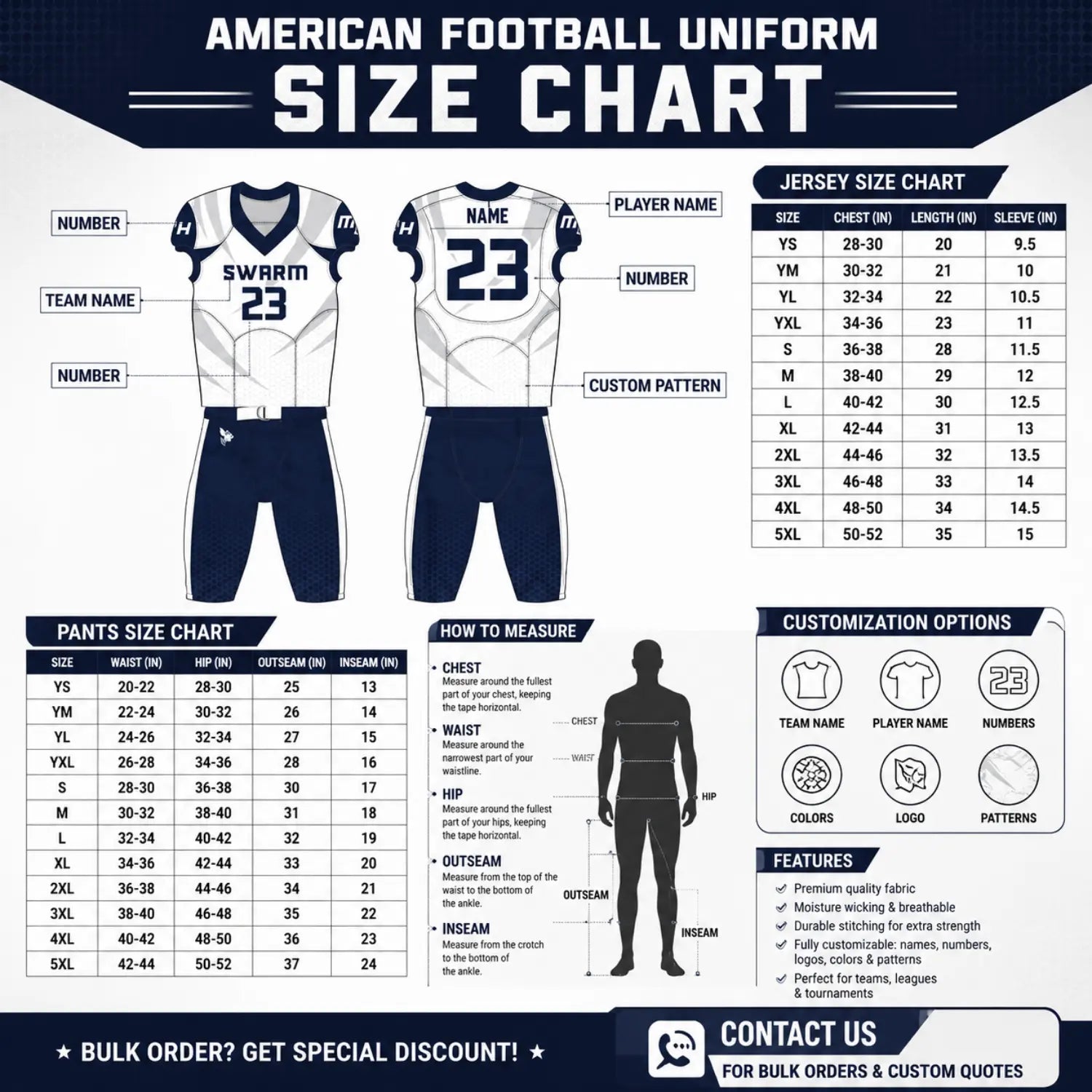 American football uniform size chart for custom jerseys and football pants