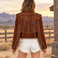 Nora Brown studded suede leather jacket back view with star studs and long fringe