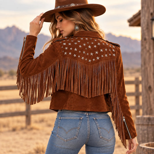 Nora Brown studded suede leather jacket rear view showing western fringe and studded back