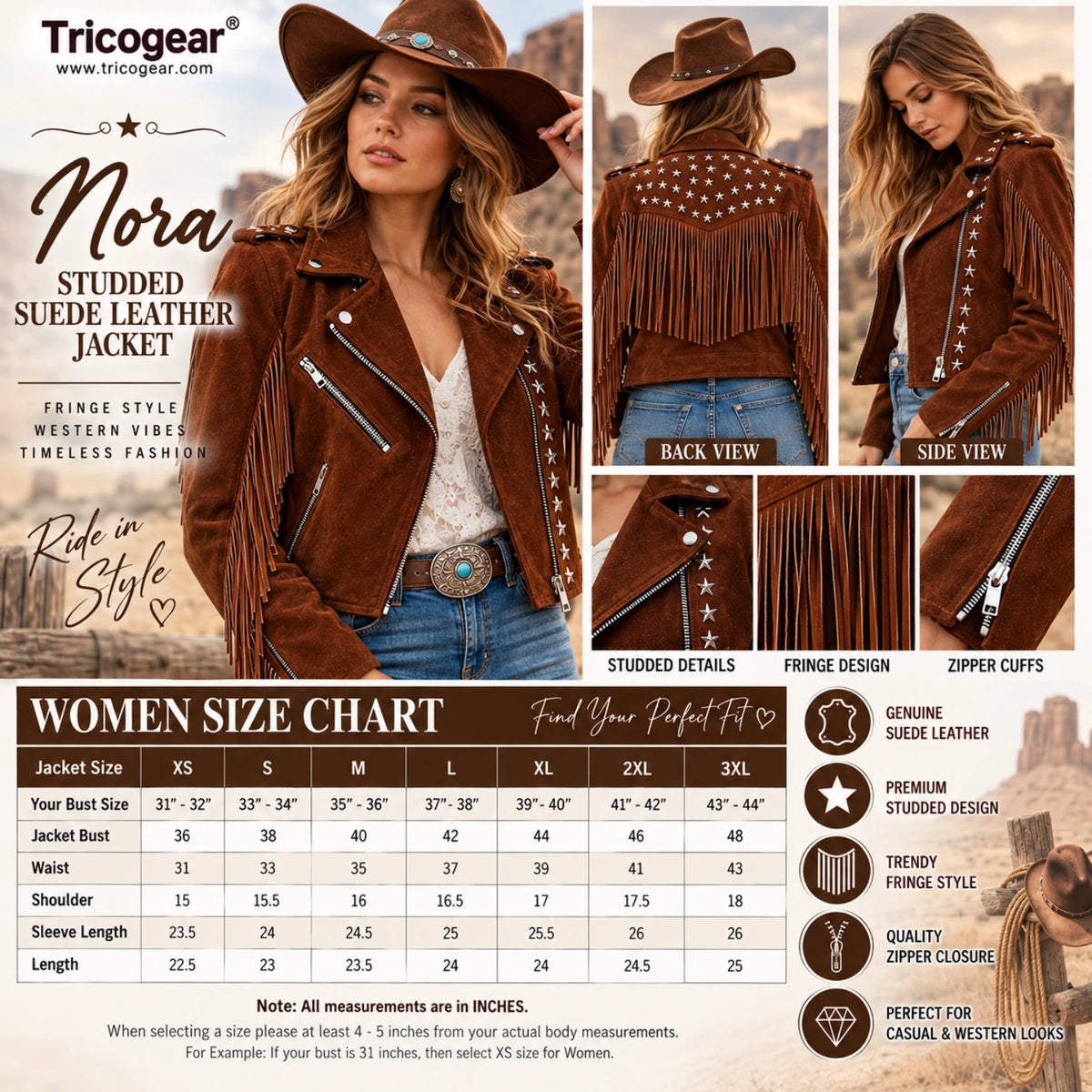 Nora Brown studded suede leather jacket women’s size chart with fringe western design