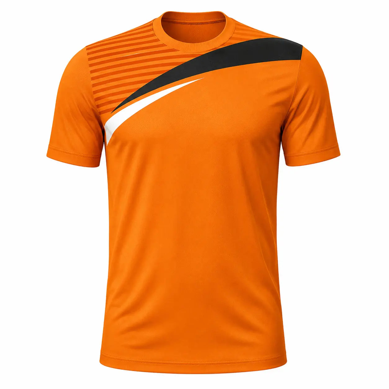 Orange custom soccer jersey with black and white diagonal stripe