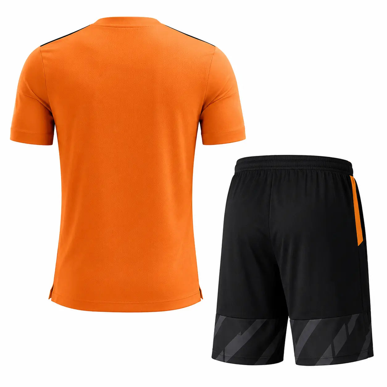 Orange soccer jersey with black football shorts team uniform