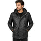 Parka detachable men's leather hoodie Logan black front view with hood and zip pockets