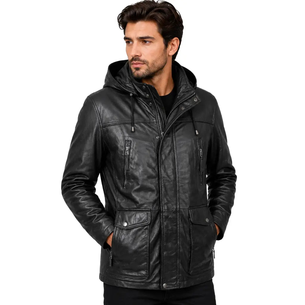 Left side view of Parka detachable men's leather hoodie Logan black
