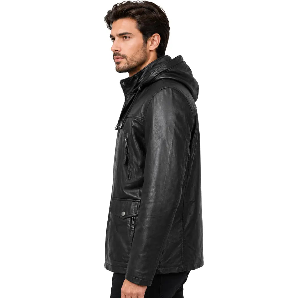 Left side view of Parka detachable men's leather hoodie Logan black