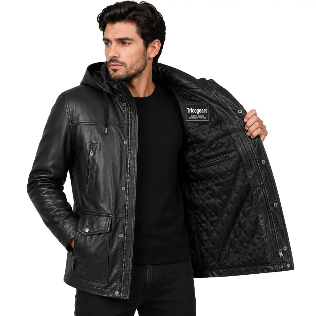 Parka detachable men's leather hoodie Logan black worn open showing quilted interior lining