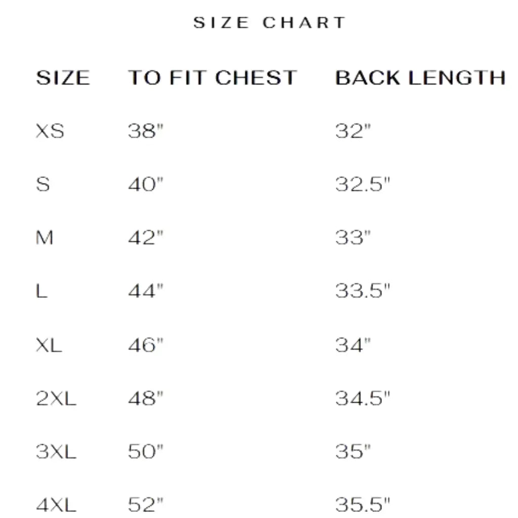 Size chart for Parka detachable men's leather hoodie Logan black showing chest and back length measurements