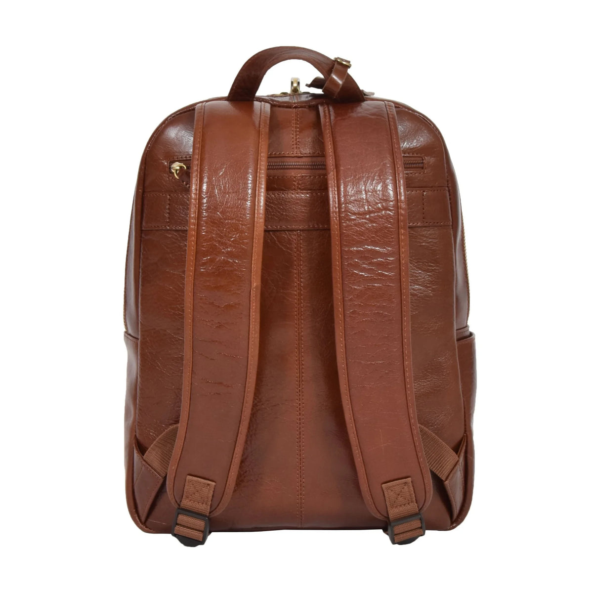 Rear view of the Peru Tan leather backpack displaying the padded ergonomic shoulder straps, hidden zipper pocket, and luggage trolley strap