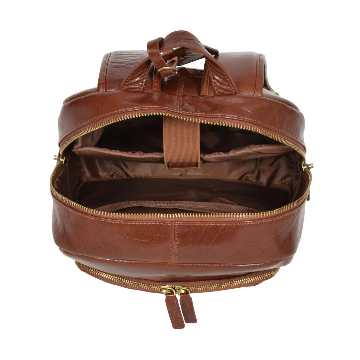 Open interior view of the tan leather rucksack showing a padded laptop sleeve with an elastic security strap and spacious inner pockets