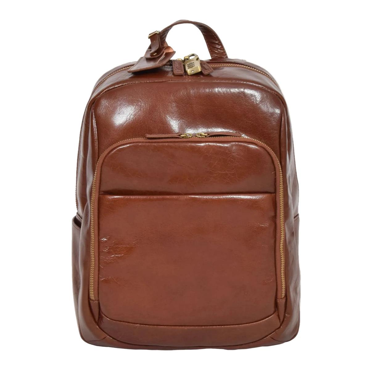 Front view of the premium Peru Tan leather backpack featuring high-gloss finish, dual zippered compartments, and an attached leather luggage tag
