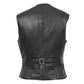 Back view of the Rita black leather waistcoat revealing a structured center panel seam and an adjustable waist cinch strap with a metal buckle