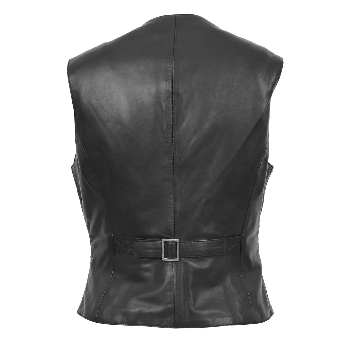 Back view of the Rita black leather waistcoat revealing a structured center panel seam and an adjustable waist cinch strap with a metal buckle