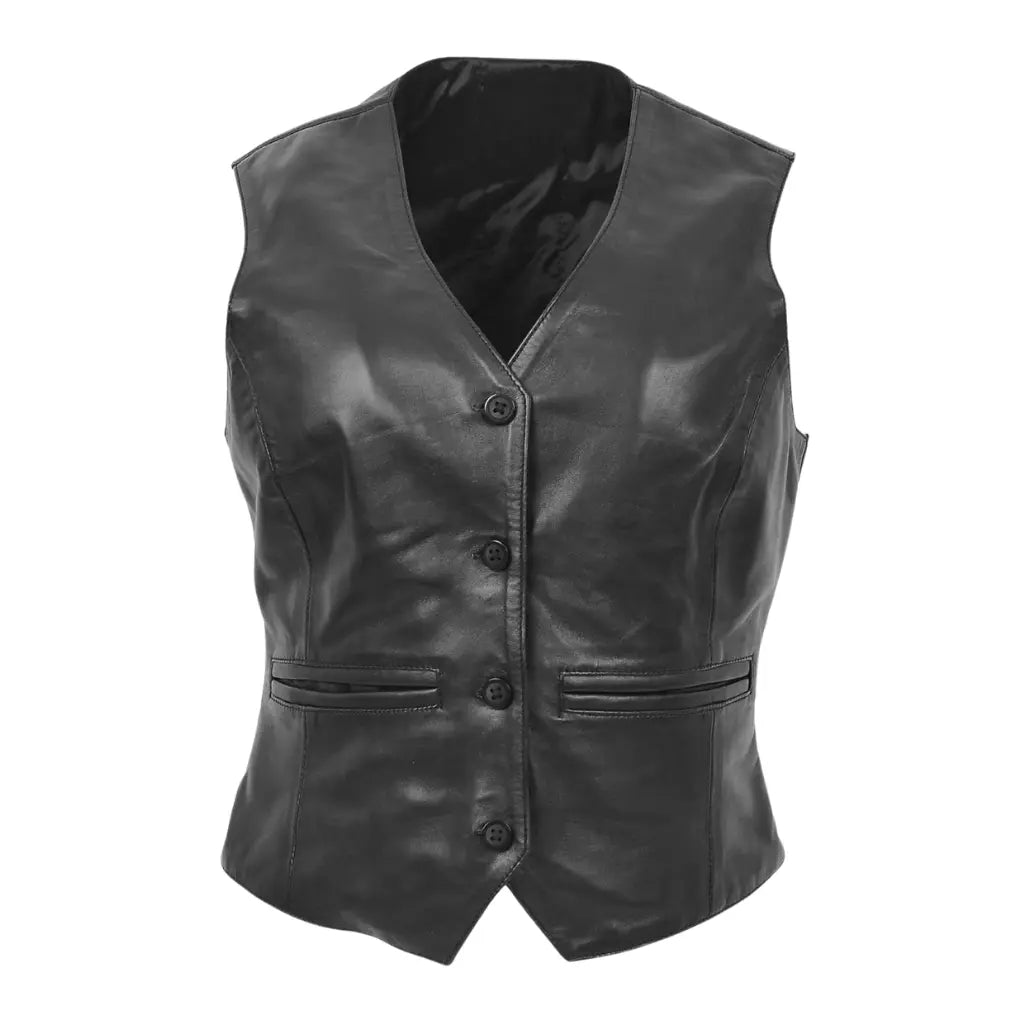 Front view of the Rita Black Womens Leather Classic Buttoned Waistcoat showcasing its V-neckline, four-button closure, and double front welt pockets
