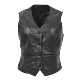 Front view of the Rita Black Womens Leather Classic Buttoned Waistcoat showcasing its V-neckline, four-button closure, and double front welt pockets