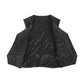 Interior view of the open Rita black leather waistcoat showing its smooth lining and functional inner pocket detail