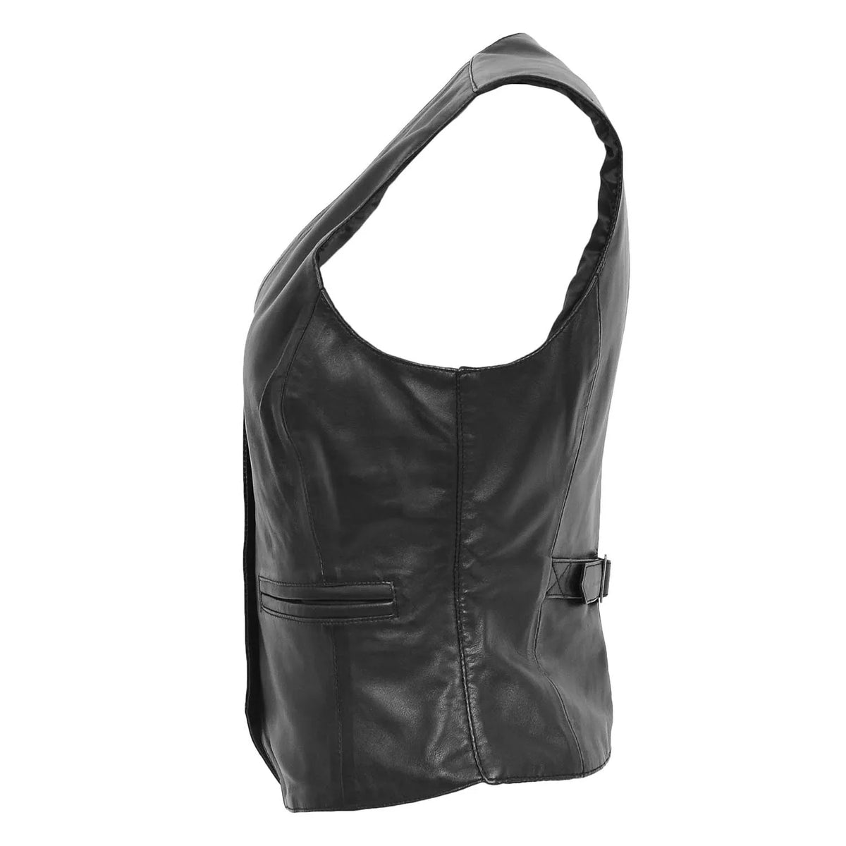 Side profile shot of the Rita women's black leather tailored vest highlighting the comfortable armholes and contoured side-seam fit