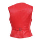 Back view of the Rita red leather waistcoat revealing a structured center vertical seam and an adjustable waist cinch strap with a metal buckle