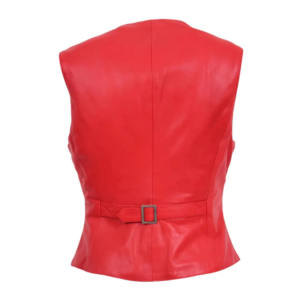 Back view of the Rita red leather waistcoat revealing a structured center vertical seam and an adjustable waist cinch strap with a metal buckle