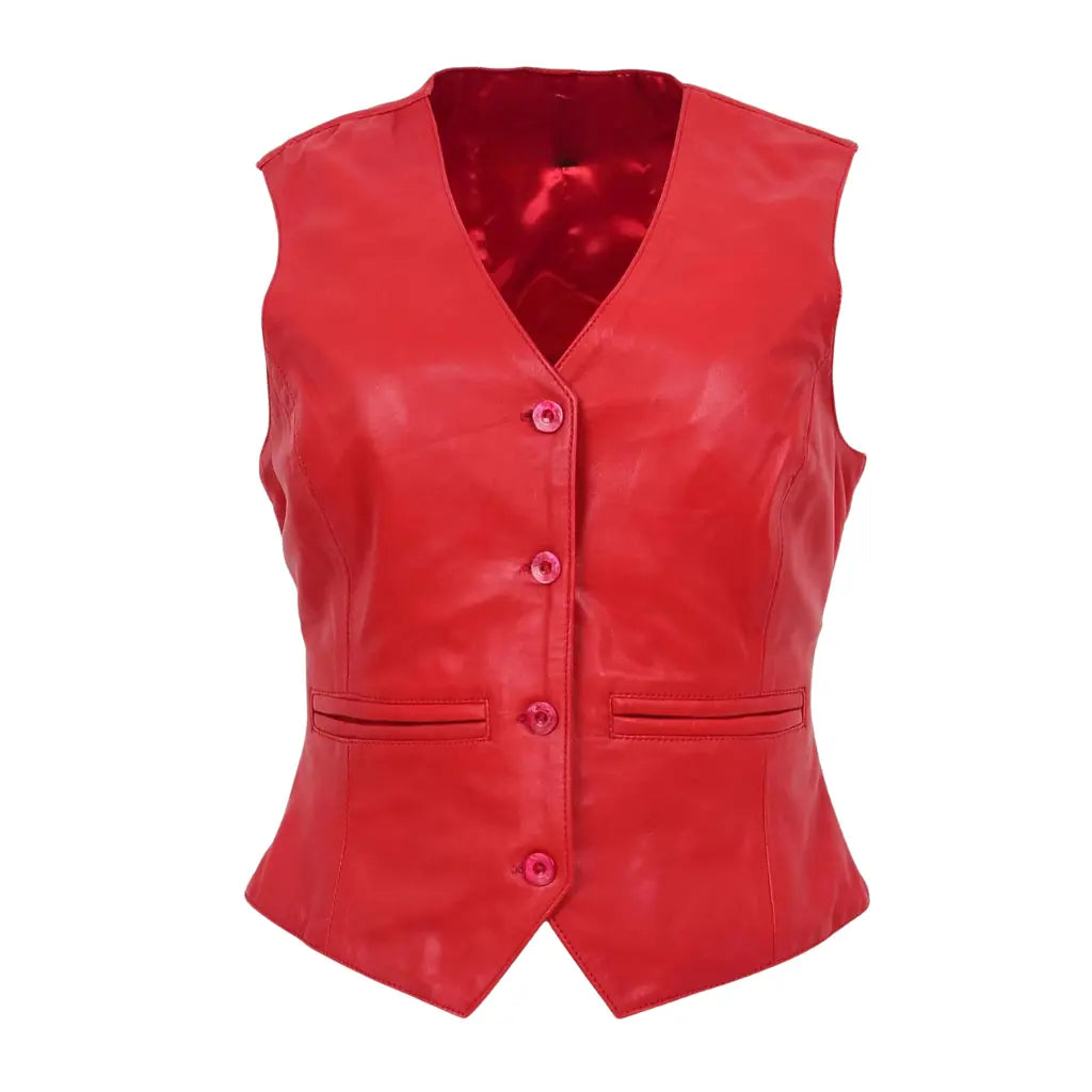 Front studio view of the Rita Red Womens Leather Classic Buttoned Waistcoat showcasing its deep V-neck, four matching red buttons, and lower welt pocket details