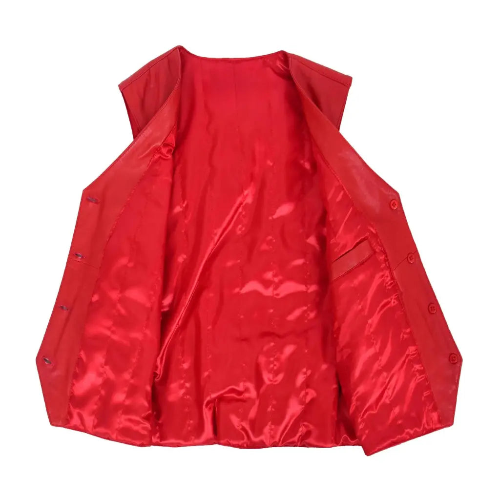 Interior view of the open Rita red leather waistcoat showing its matching smooth red satin lining and functional horizontal inner slip pocket
