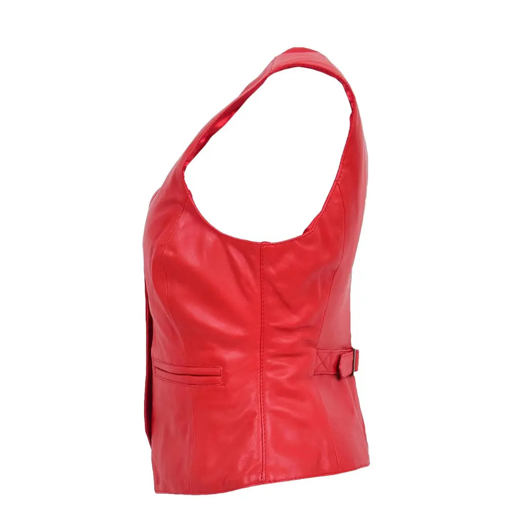 Side profile view of the Rita women's red leather tailored vest highlighting the wide armhole design and contoured princess seam panel fit