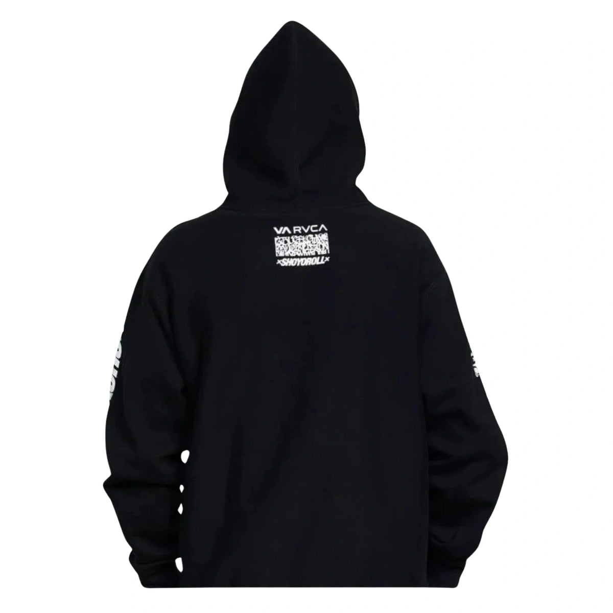 RVCA x Shoyoroll Defer Vaxsyr black fleece hoodie back view with collaboration graphic