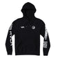 RVCA x Shoyoroll Defer Vaxsyr black fleece hoodie front view with graphic sleeve details