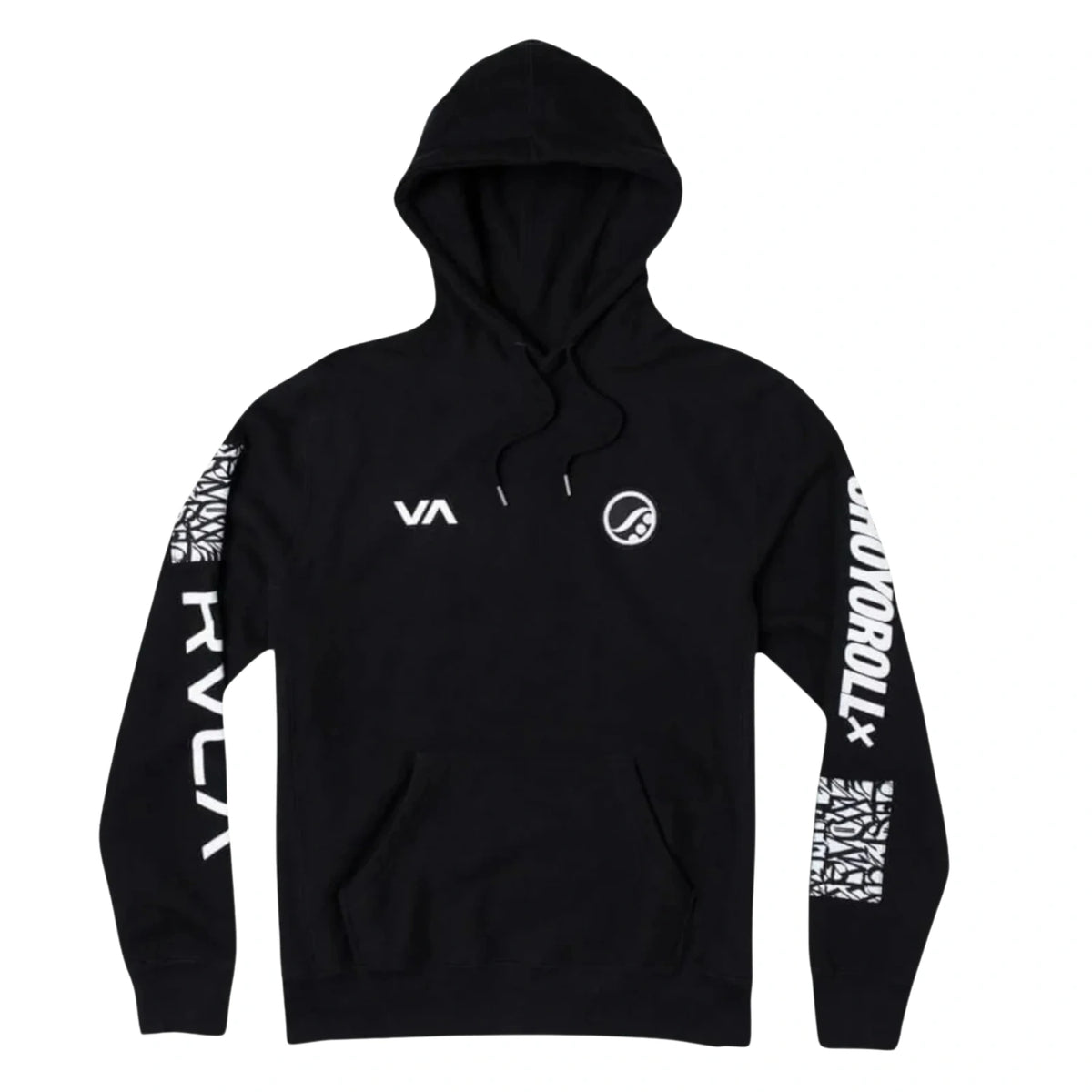 RVCA x Shoyoroll Defer Vaxsyr black fleece hoodie front view with graphic sleeve details