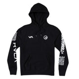 RVCA x Shoyoroll Defer Vaxsyr black fleece hoodie front view with graphic sleeve details