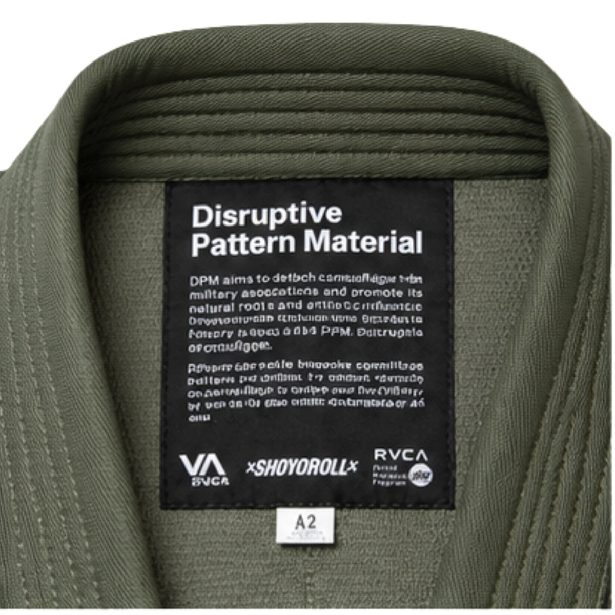 Shoyoroll Batch 114 RVCA x DPM olive BJJ gi collar and DPM label detail