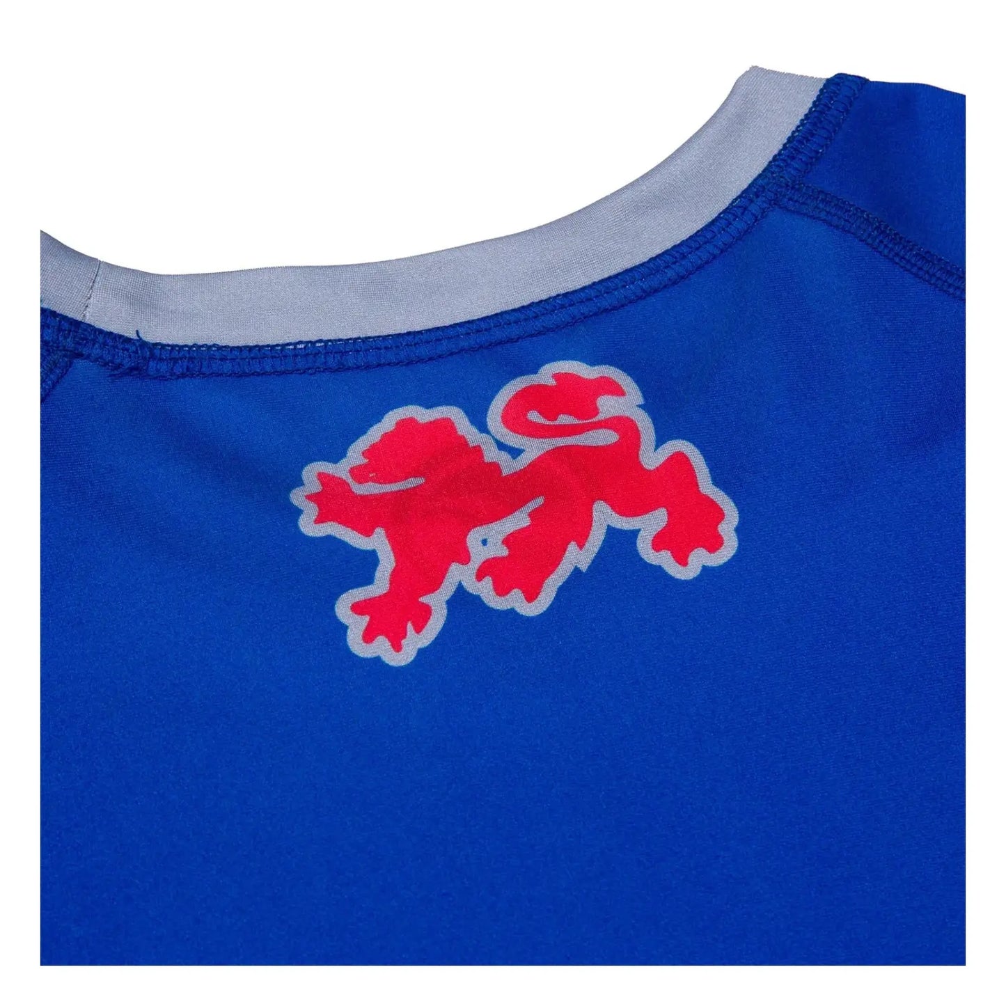 Close-up of Shoyoroll Batch 145 SuperLite BJJ rash guard logo and collar detail