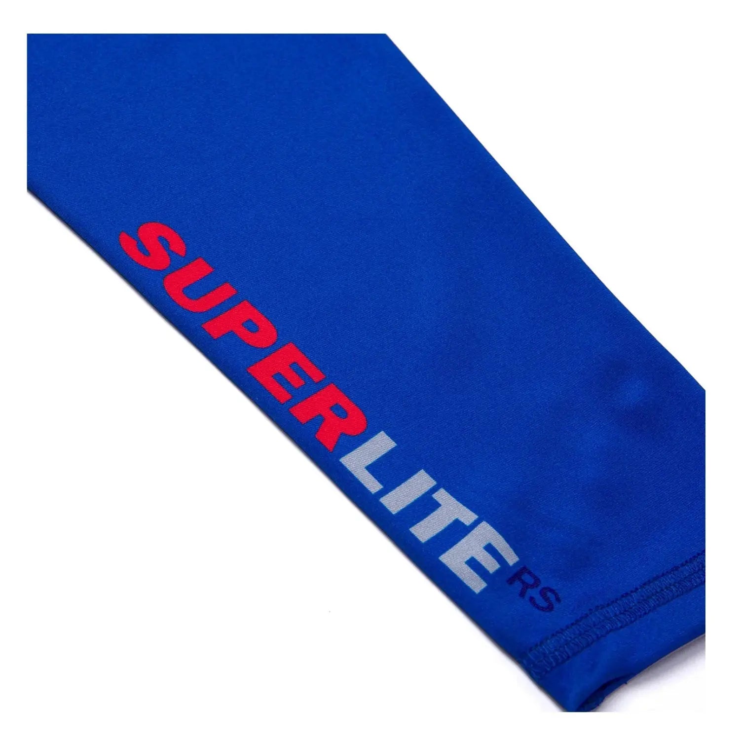 Close-up of Shoyoroll Batch 145 SuperLite rash guard sleeve with SuperLite graphic