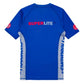 Shoyoroll Batch 145 SuperLite Retro short sleeve BJJ rash guard back view in blue with SuperLite RS graphic