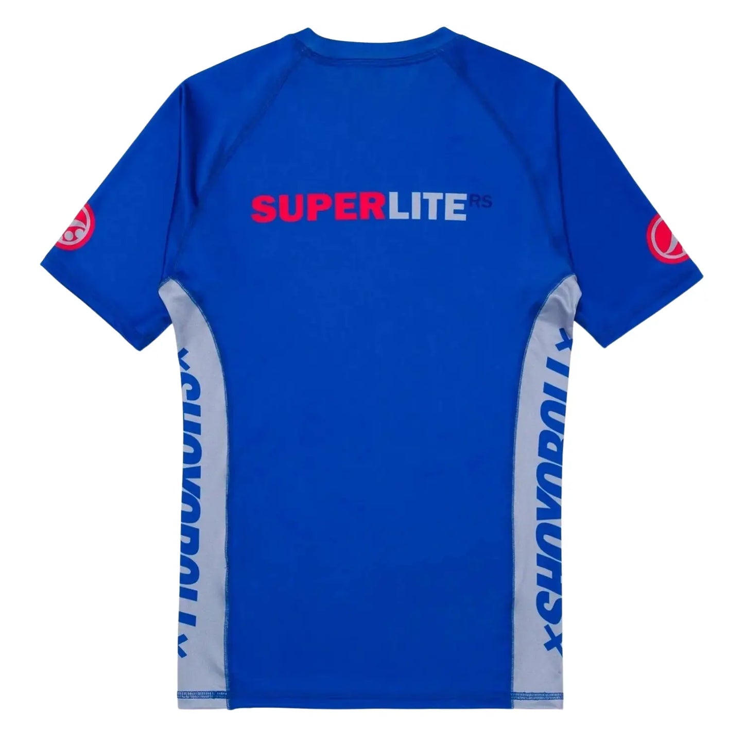 Shoyoroll Batch 145 SuperLite Retro short sleeve BJJ rash guard back view in blue with SuperLite RS graphic