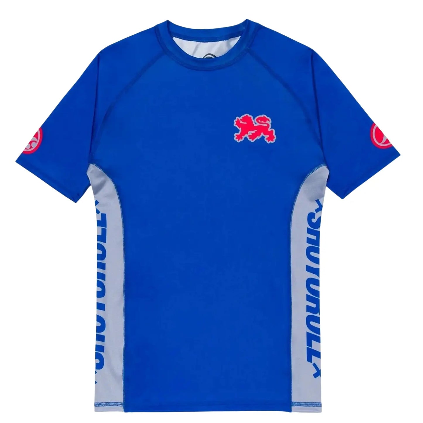 Shoyoroll Batch 145 SuperLite Retro short sleeve BJJ rash guard in blue with red and silver side panels and chest graphic