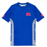 Shoyoroll Batch 145 SuperLite Retro short sleeve BJJ rash guard in blue with red and silver side panels and chest graphic