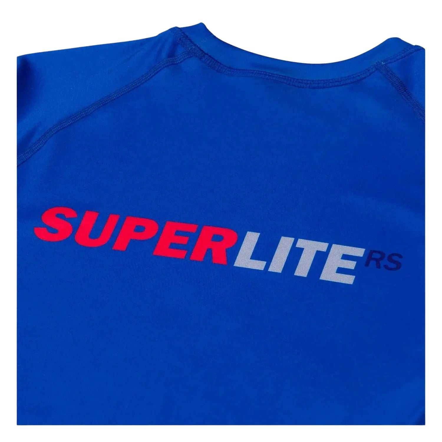 Close-up detail of Shoyoroll Batch 145 SuperLite Retro BJJ rash guard showing SuperLite RS branding and stitching