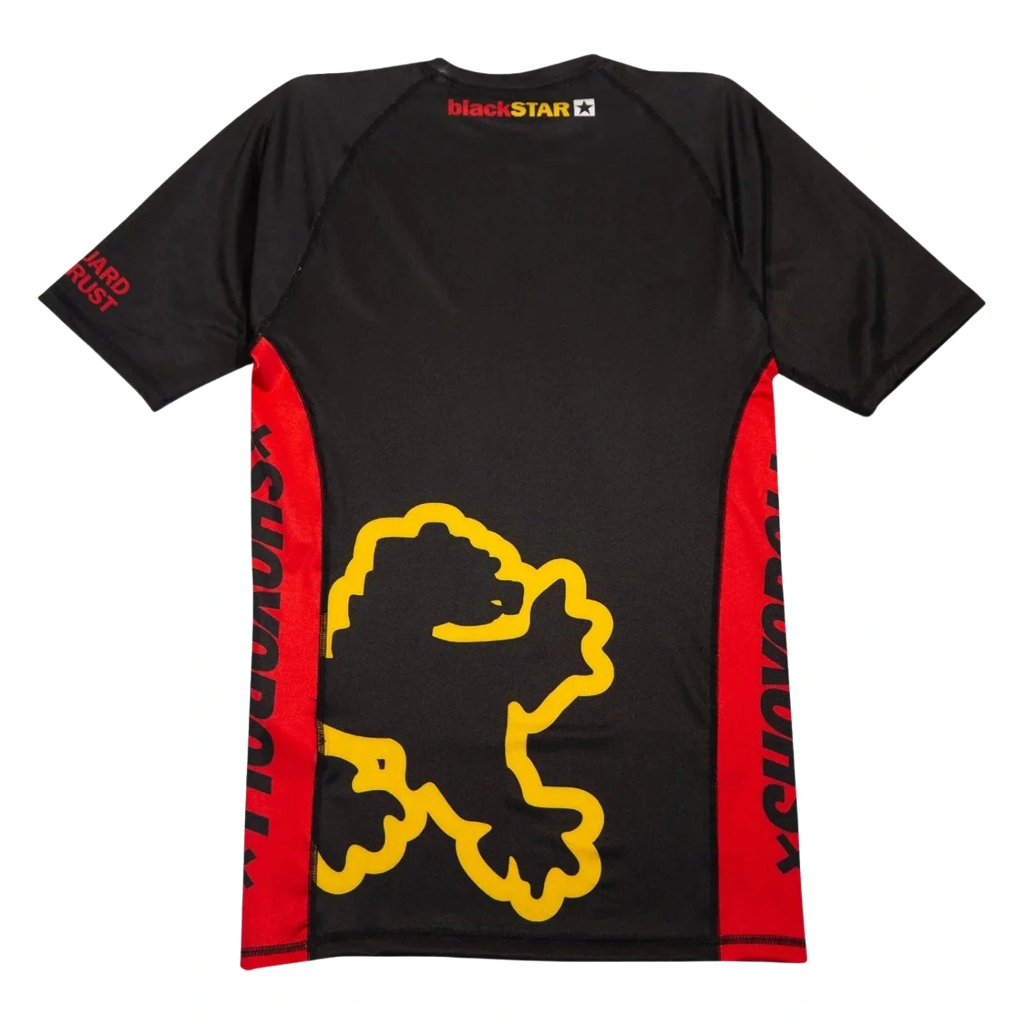 Shoyoroll Batch 146 BlackSTAR Retro short sleeve BJJ rash guard back view with black and red design