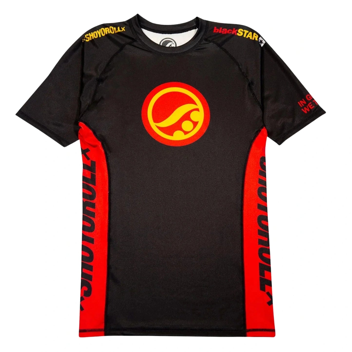 Shoyoroll Batch 146 BlackSTAR Retro short sleeve BJJ rash guard in black with red side panels and yellow logo