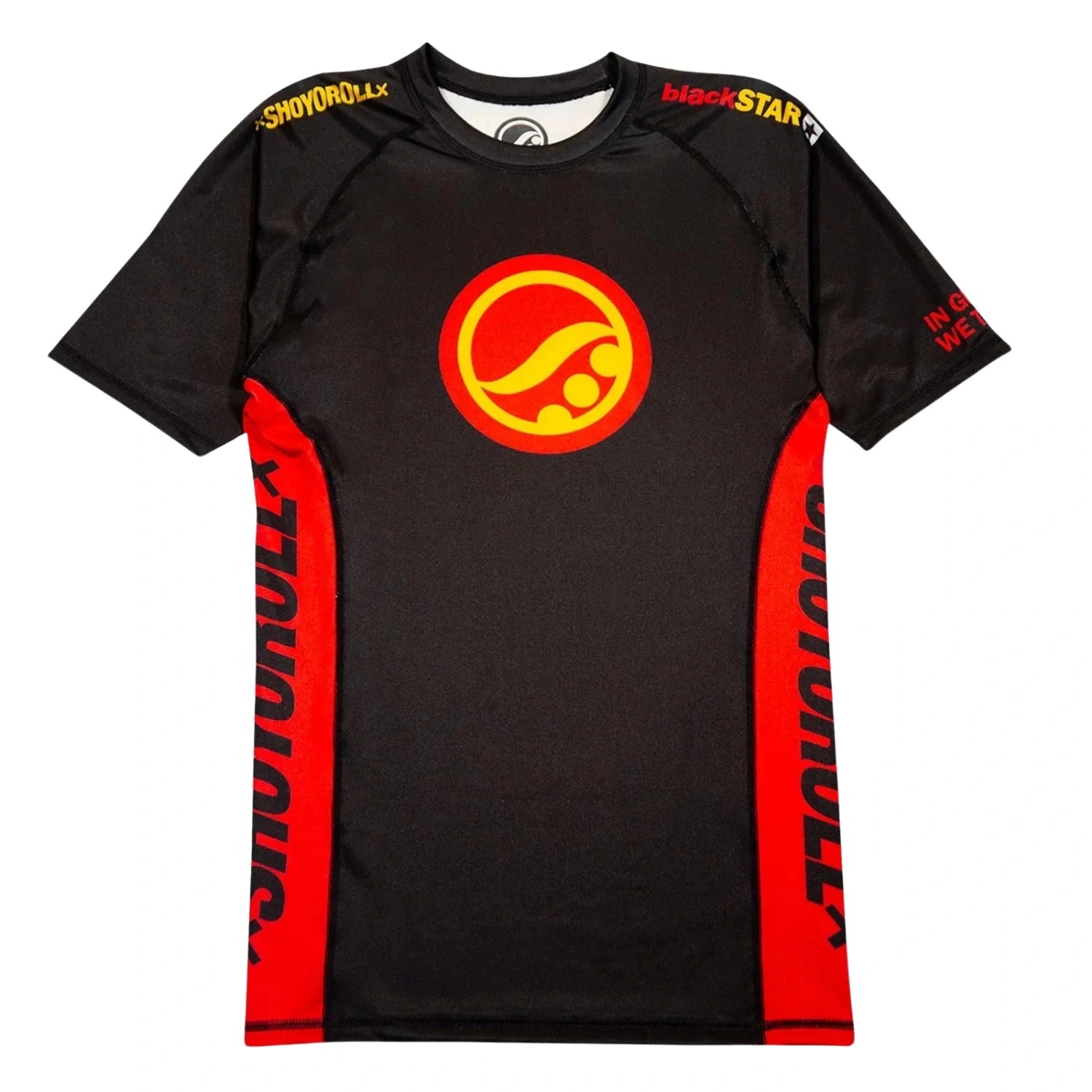 Shoyoroll Batch 146 BlackSTAR Retro short sleeve BJJ rash guard in black with red side panels and yellow logo