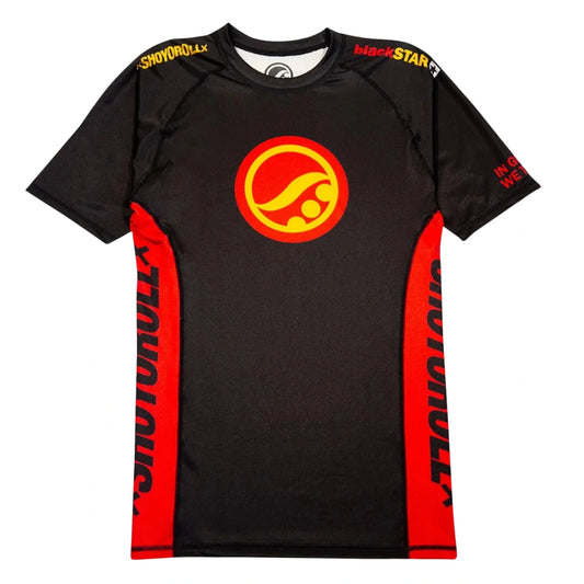 Shoyoroll Batch 146 BlackSTAR Retro short sleeve BJJ rash guard in black with red side panels and yellow logo