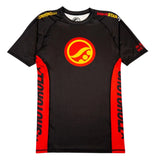 Shoyoroll Batch 146 BlackSTAR Retro short sleeve BJJ rash guard in black with red side panels and yellow logo