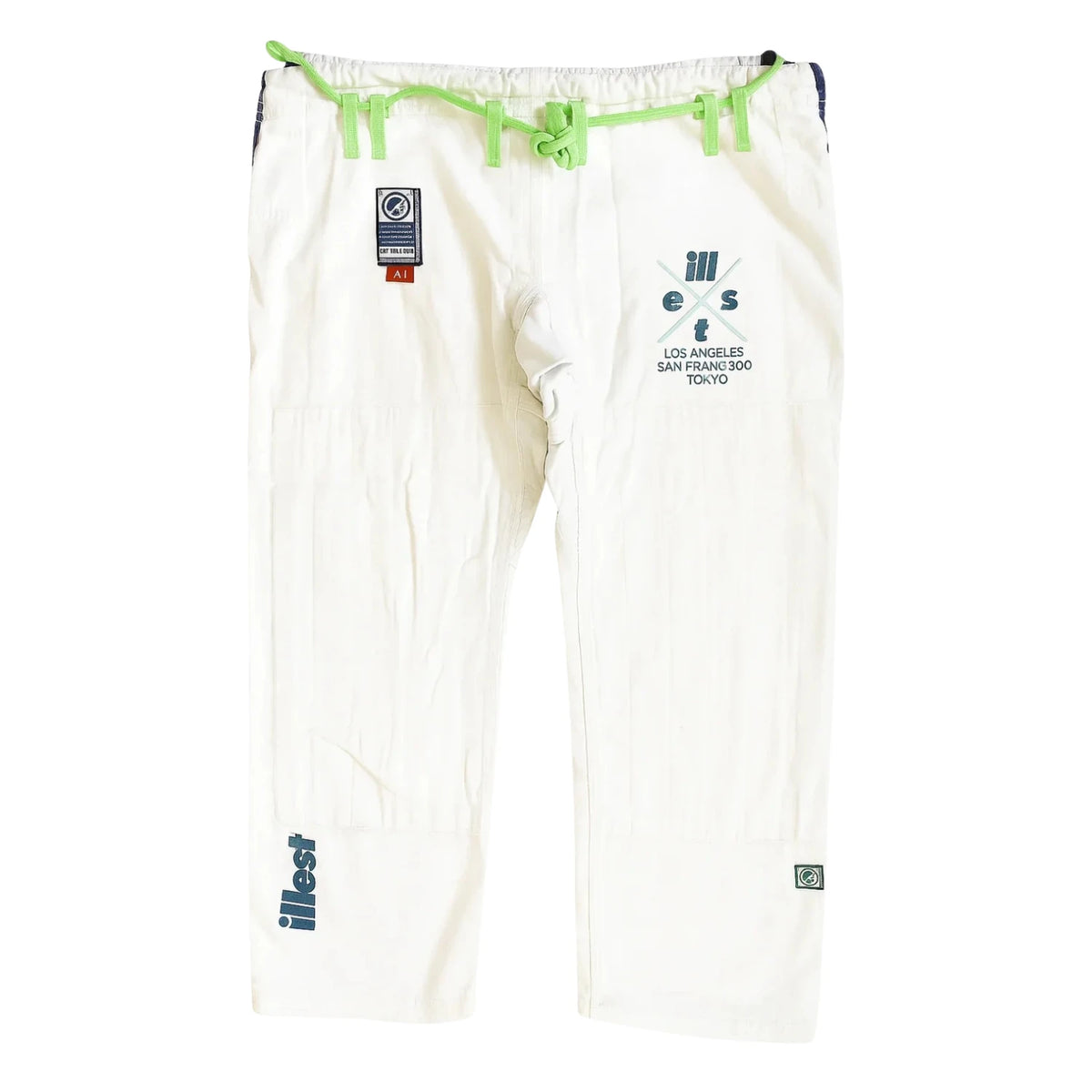 Shoyoroll Batch 22 Illest white BJJ Gi pants with green drawstring and embroidered graphics
