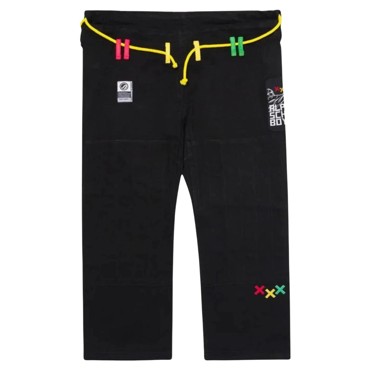 Shoyoroll Batch 30 Like Cheese black BJJ Gi pants with colorful X accents and yellow drawstring