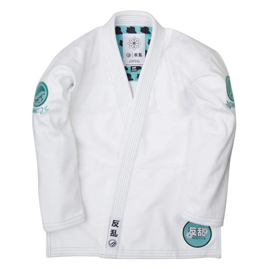 Shoyoroll Batch 72 Rebel Grappler white BJJ Gi front view with embroidered details