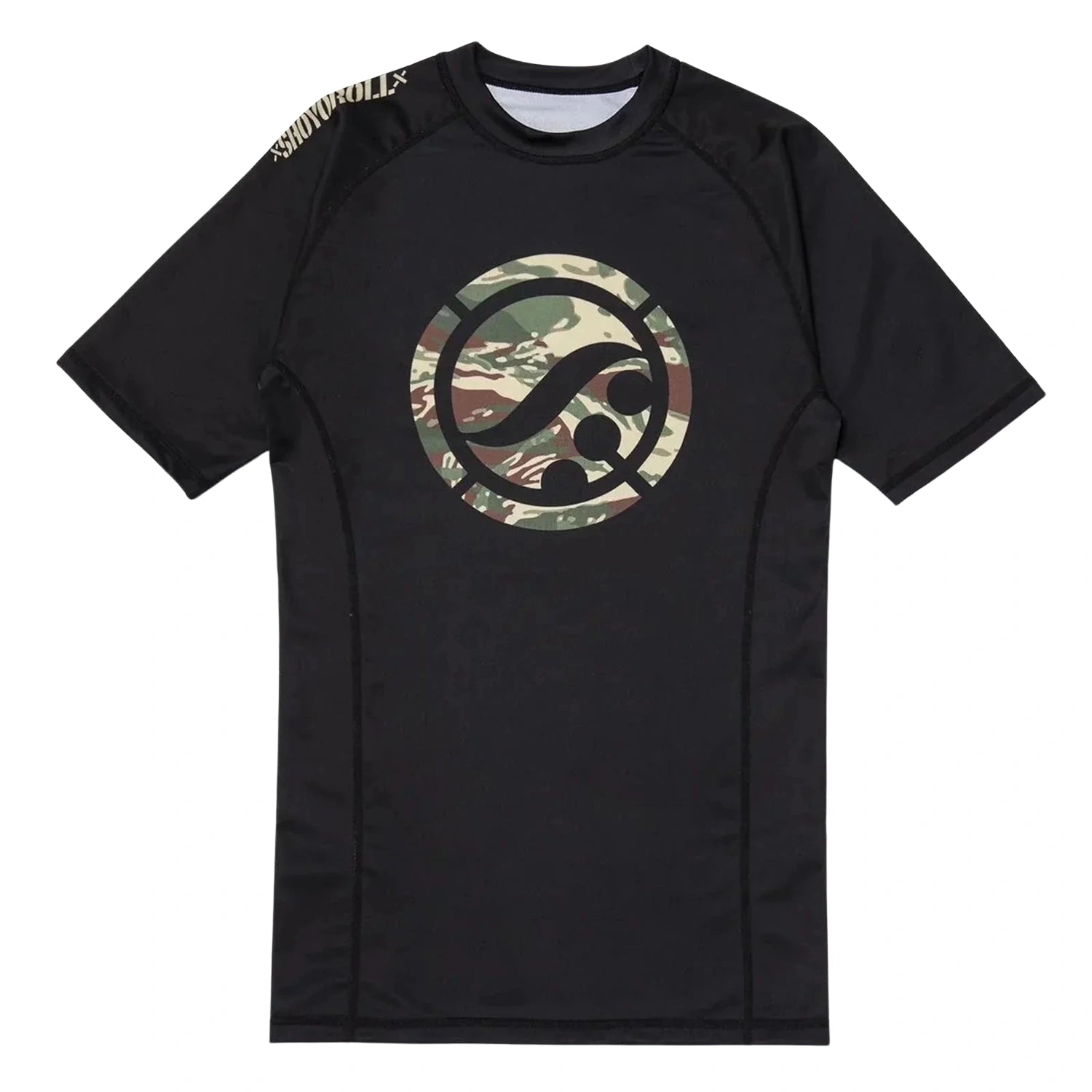 Shoyoroll BF20 Black Camo short sleeve BJJ training rash guard size chart with S to 3XL measurements
