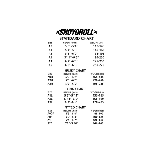 Shoyoroll BJJ Gi size chart showing standard, husky, long and fitted sizes with height and weight ranges